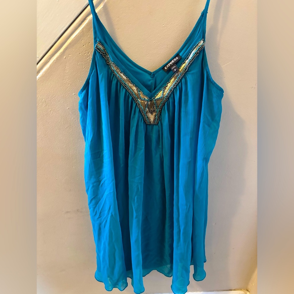 Blue sequined Express dress/just above knee length. Super light and breezy.